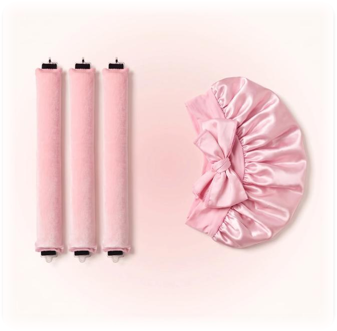 Curlnap curling rods with satin sleep cap bundle, blush pink brand background