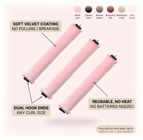Curlnap product infographic with features, 6 color swatches and satin cap mention