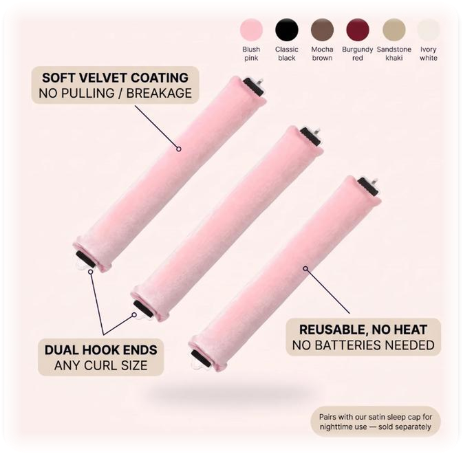 Curlnap product infographic with features, 6 color swatches and satin cap mention