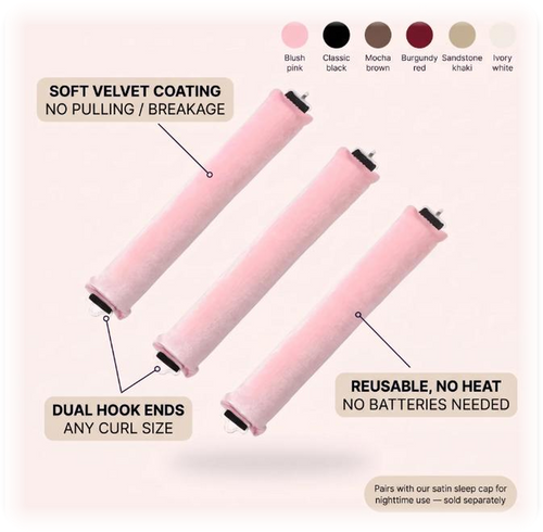 Curlnap product infographic with features, 6 color swatches and satin cap mention